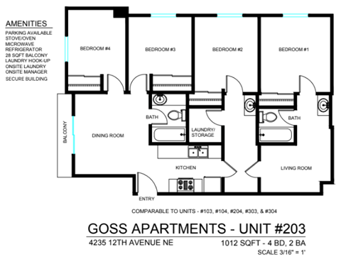 Floor plan for 4 beds, 2.3 baths, 1080 sqft